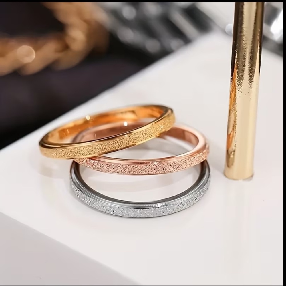 3 piece Silver, Gold, Rose textured Stainless Steel Ring Set